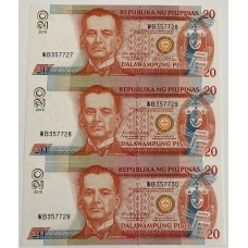 PHILIPPINES 2010 . TWENTY 20 PISO BANKNOTE . ERROR . MIS-MATCH SERIALS . CONSECUTIVE TRIO